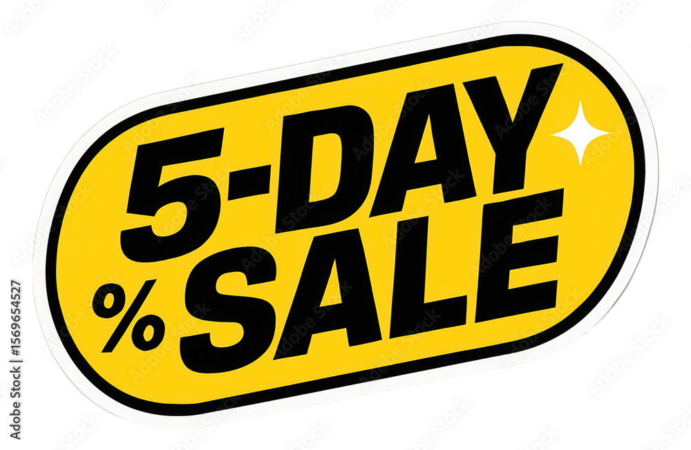 Yellow oval sticker with 5-DAY SALE in bold black text, dynamic retail promo offer on transparent background. Yellow oval sticker with 5-DAY SALE in bold black text, dynamic retail promo offer on transparent background.