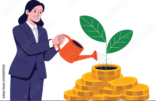 Businesswoman watering money plant with watering can for financial growth ai generated vector