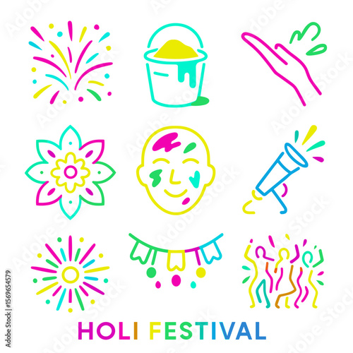 Colorful vector icons for Holi festival in neon style vector icon set isolated  