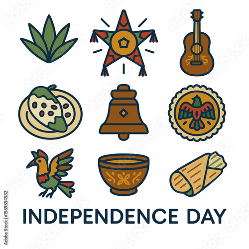 Independence Day symbols with vibrant colors and festive elements vector icon isolated set 