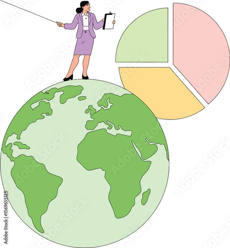 Global Business Presentation with Woman Globe and Pie Chart Illustration ai generated vector