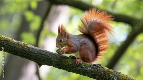 A close-up photograph of a red squirrel perched on a moss-covered tree branch