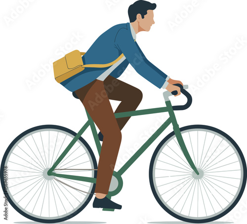 Man Commuting to Work on Bicycle with Bag Over Shoulder ai generated vector