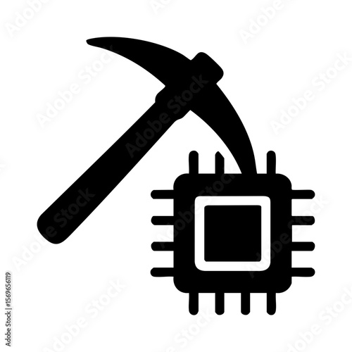 Crypto Mining Icon with Pickaxe and Processor Representing Digital Coin Mining