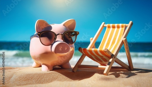 chic piggy bank relaxing on a beach chair with sunglasses ideal for retirement savings or summer goals