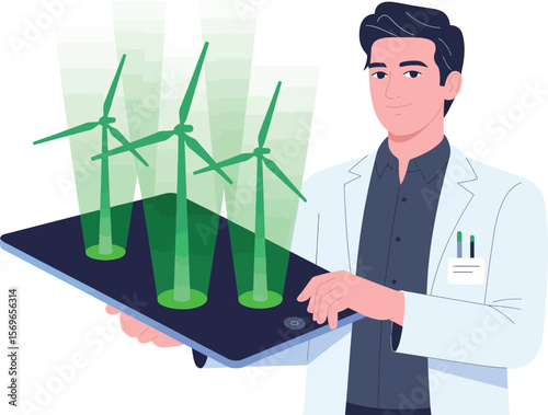 Scientist with Tablet Showing Wind Turbine Holograms for Renewable Energy ai generated vector