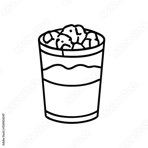 Simple line drawing of a glass filled with liquid and topped with ice cubes or crushed ice.