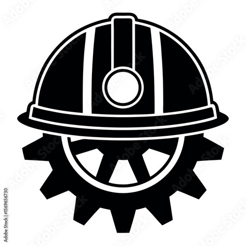 Black silhouette of a hard hat combined with a gear isolated on white background