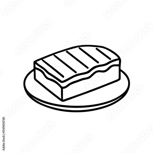 Grilled steak slice on a plate, outlined illustration.
