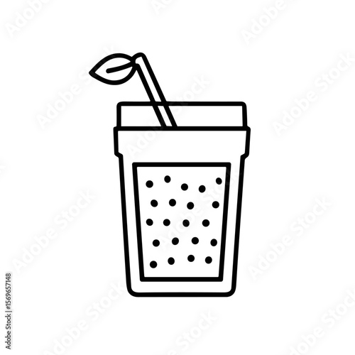 Line art illustration of a drink in a glass with a straw and a leaf garnish, isolated on white.