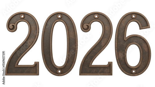 A high-resolution image of the year 2026 made from vintage bronze house numbers
