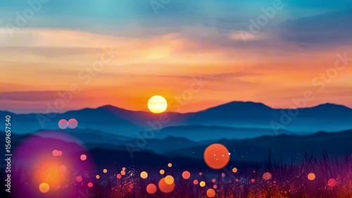 A vibrant sunset over rolling hills with floating light orbs in the foreground.
