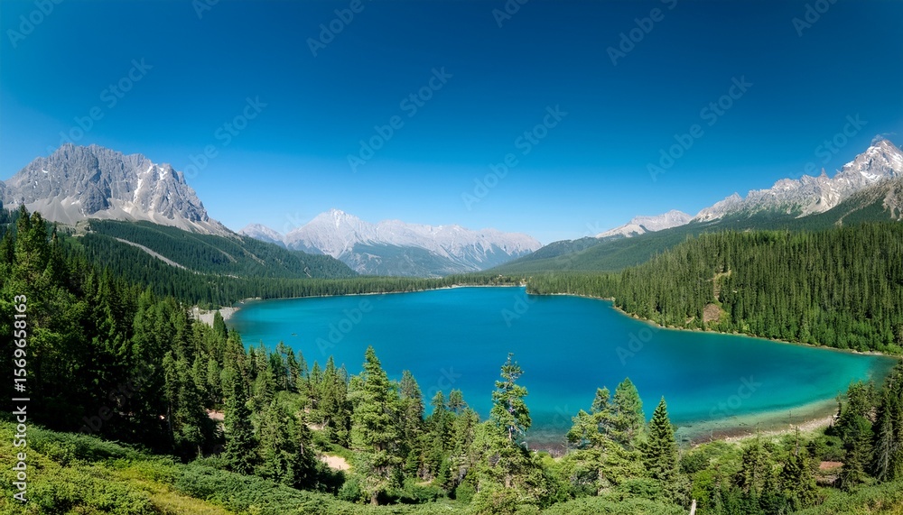 Obraz premium a serene landscape dominated by a large bright blue lake surrounded by verdant forests in the distance majestic mountains rise against a clear sky