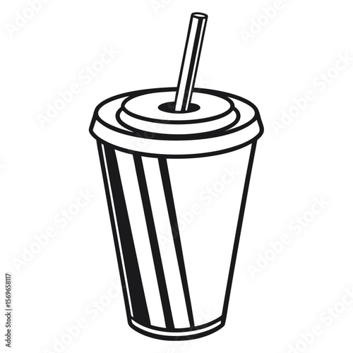 Stylized black and white drawing of a soda cup with a straw isolated on white background