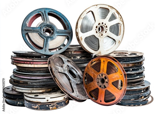 Stack of vintage film reels, various sizes and colors, showing age and wear.