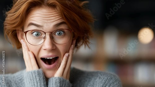 Excited woman expresses surprise and joy with hands on her cheeks in cozy indoor setting