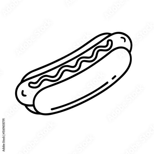 A simple line drawing of a hot dog topped with mustard.