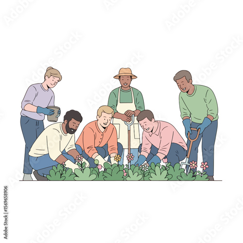 Vector set of men gardening together