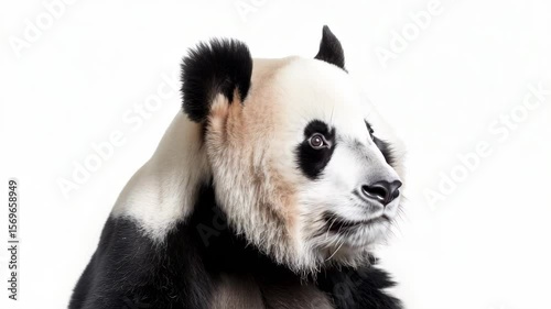 A close up profile of a panda, looking sideways under soft studio lighting, Generated AI likely realistic animal features with artistic detail, focusing on its calm demeanor.