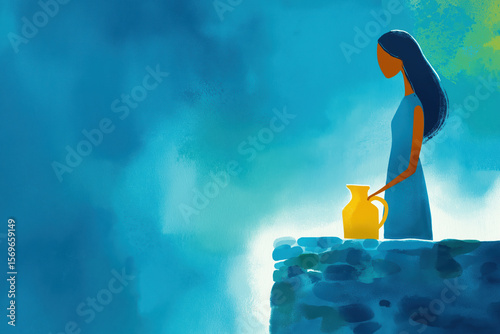 Stylized illustration of the Samaritan woman at the well. Her glowing jar symbolizes her encounter with Jesus and the offer of living water from the biblical story in the Gospel of John.