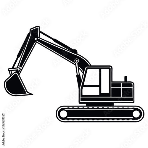 Black silhouette of a tracked excavator with a large bucket isolated on white background