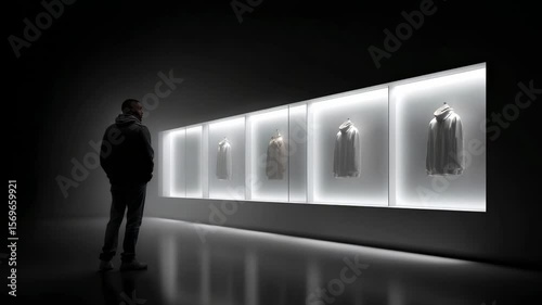 Exploring a modern display of fashion clothing in a minimalist gallery space at evening