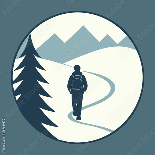 Lone hiker with backpack walks on a snowy path towards mountains isolated on white background