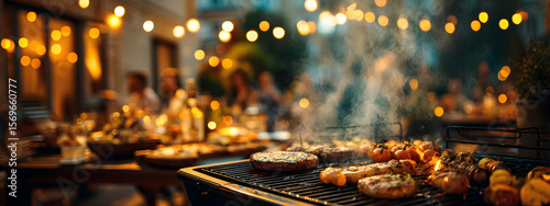 An evening barbecue party with grilled food and festive lights outdoors   -