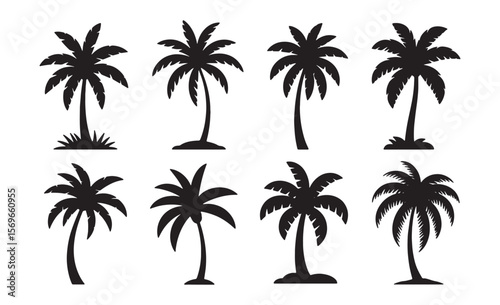 Collection of silhouetted palm trees on a white background