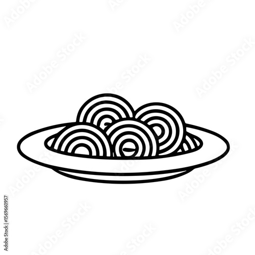 Simple black and white line drawing of spaghetti on a plate.