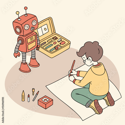 A boy drawing on paper with a robot standing nearby and a yellow art kit in the background scene view