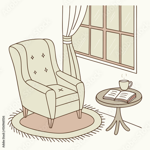 A cozy scene featuring an armchair, a round rug, a small table with a book and a mug near a window