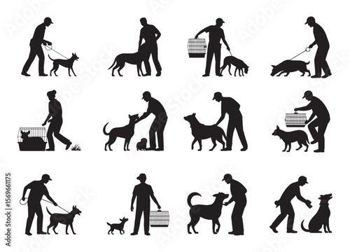 Silhouettes of people interacting with dogs in various scenarios