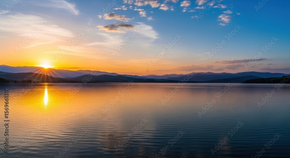 Naklejka premium Serene Lake Sunset: Golden Reflections and Distant Mountains