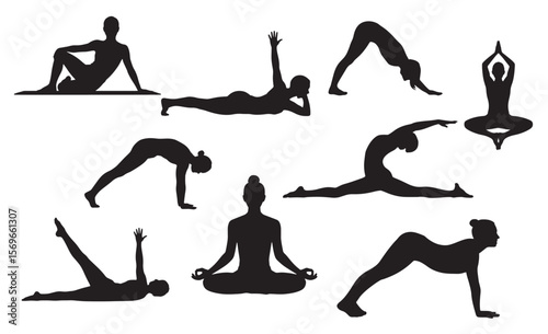 Diverse yoga poses silhouettes for fitness and wellness