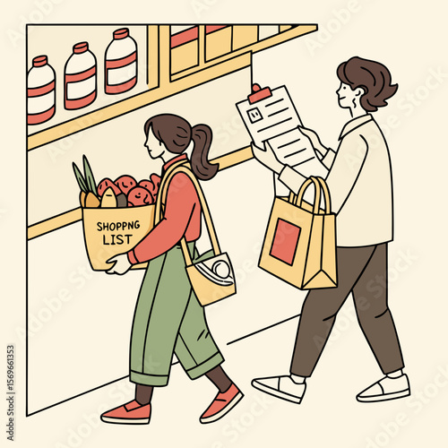 Illustration of two people shopping in a grocery store with shelves and shopping list and bags present