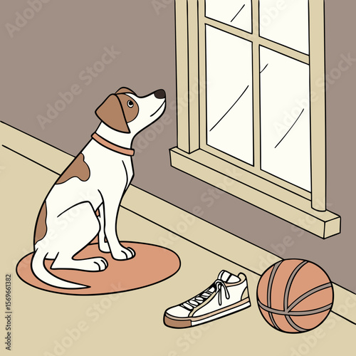 A dog sitting on a mat looking out a window next to a shoe and a basketball inside of a house scene