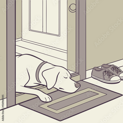A dog sleeping on a mat by an open door with shoes nearby in a house interior illustration scene