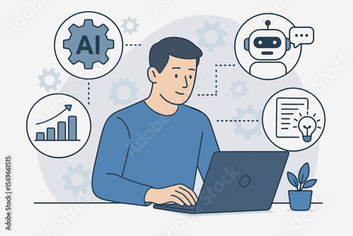 AI automation for efficient workflow management. Man with laptop using virtual assistant, chatbot. Data analytics for business growth. Innovation and technology concept.