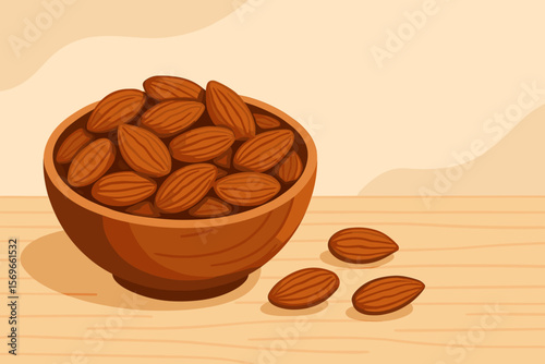 Almonds in a wooden bowl on a table. Healthy food snack concept with copyspace. Natural organic protein diet nutrition ingredient. Vegan vegetarian raw nuts. Vector illustration.