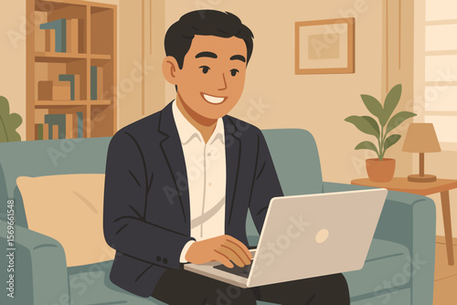 Asian businessman working from home on laptop. Smiling man sitting on sofa in living room. Freelancer, entrepreneur remote work concept. Happy professional online job.