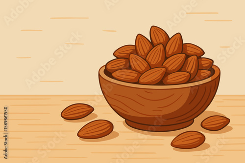 Almonds in a rustic wooden bowl on a light wood table. Healthy organic snack food concept with copy space. Flat vector cartoon illustration for diet or nutrition design.