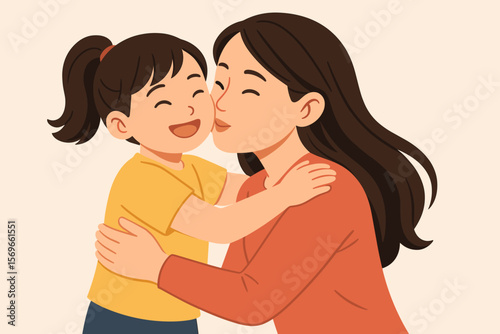 Happy Asian mother kissing her smiling daughter's cheek. Mom and child hugging with love and affection. Beautiful family moment concept for Mother's Day or parenting.