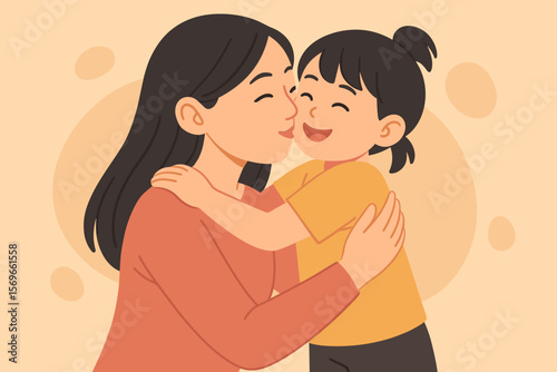 Happy Asian mother and child hug. Mom kissing son on the cheek. Family love, bonding vector illustration. Motherhood, parenting concept. Cute parent and kid character art.