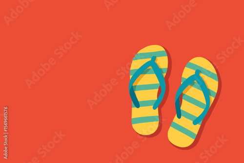 Beach flip-flops on red background with copy space. Summer vacation concept. Modern flat vector cartoon illustration of striped sandals. Seaside holiday travel footwear.
