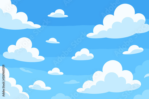 Blue sky with white clouds background. Modern flat cartoon vector illustration. Peaceful summer day weather scene. Nature landscape scenery for design, backdrop or wallpaper.