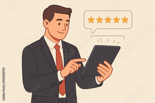 Businessman Using Tablet for Customer Feedback, Five-Star Rating, Service Satisfaction, Business Survey, Customer Experience, Quality Review, Digital Evaluation, Professional Suit