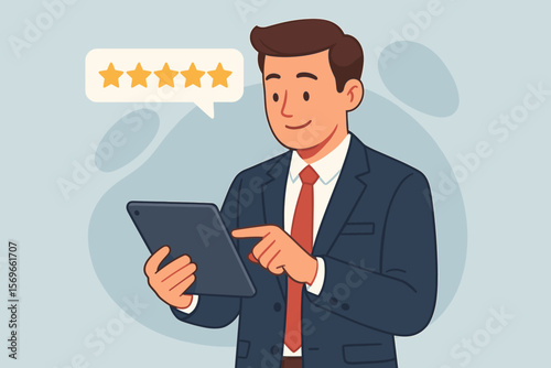 Businessman in Suit Using Tablet for Customer Feedback, Five-Star Rating, Service Review, Satisfaction Survey, Customer Experience, Business Quality Assessment, Product Evaluation