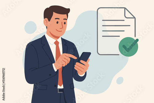 Businessman uses a mobile phone to tick a mark on a virtual document. Concept of online approval, paperless office, quality assurance, ERP management, and digital contract.