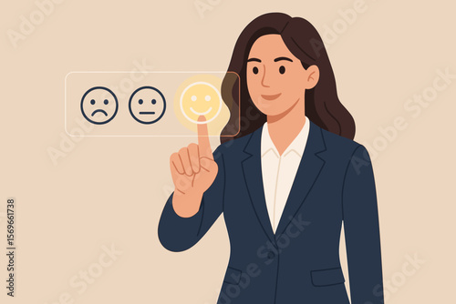 Businesswoman Selecting Happy Face on Touchscreen. Customer Satisfaction, Positive Feedback, Service Rating, User Experience, Modern Flat Vector Illustration, Office, Professional, Survey, Evaluation